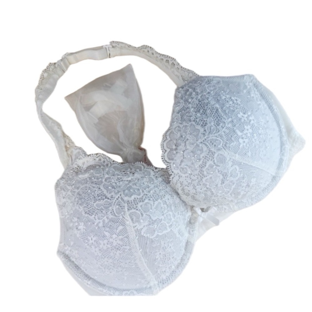 Victoria’s Secret Dream Angels White Lace Bridal Bra 34D Plunge Padded NWT